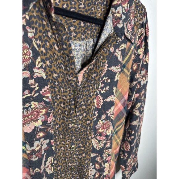 Soft Surroundings Shirt Womens Small Patchwork Floral Plaid Leopard Boho Top - Picture 2 of 6